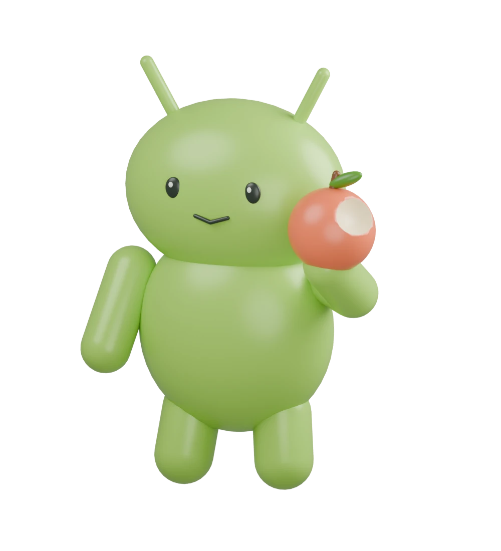 A friendly green Android with a small bite taken from its apple