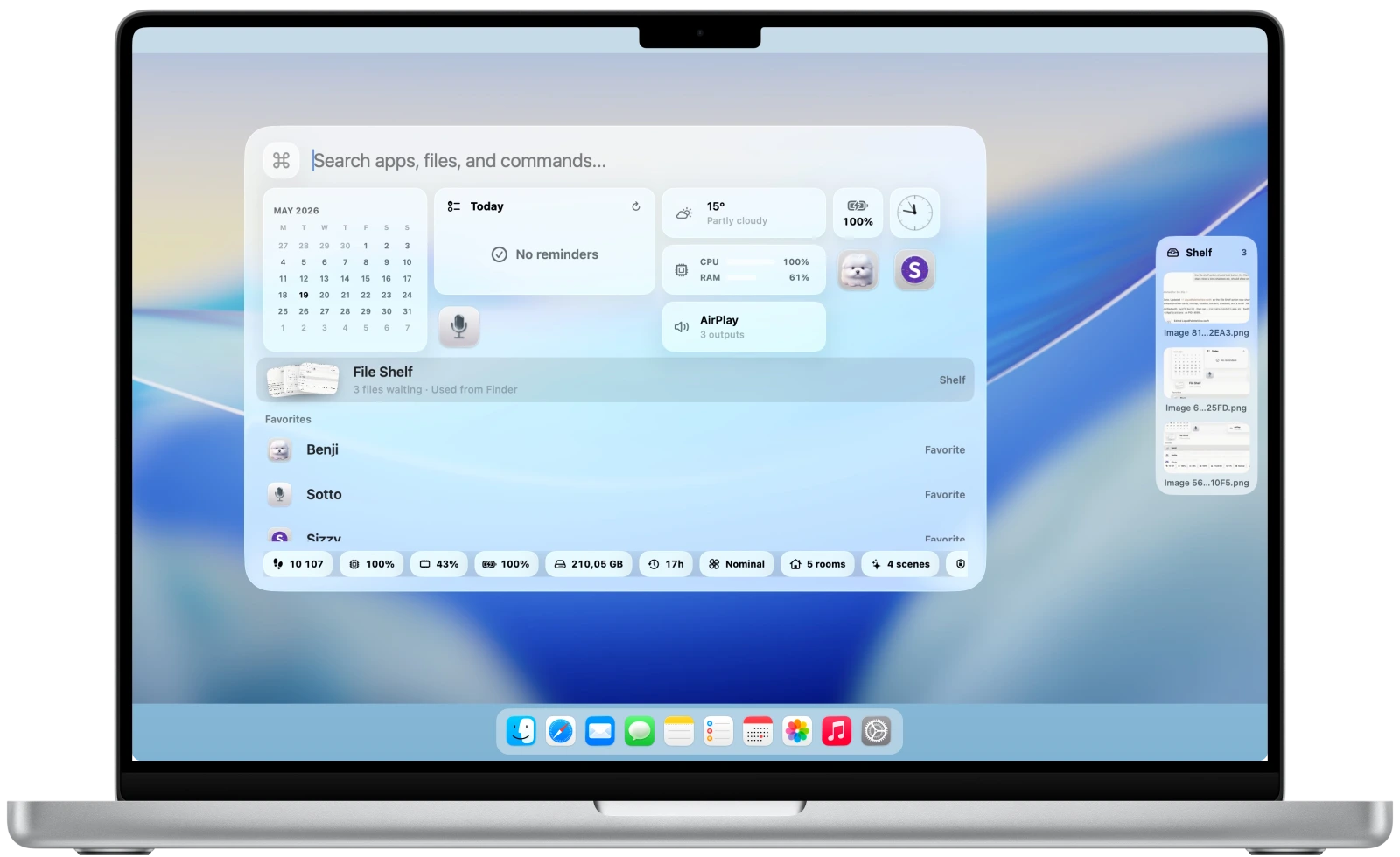 Supermac search, widgets, and File Shelf displayed on a silver MacBook Pro