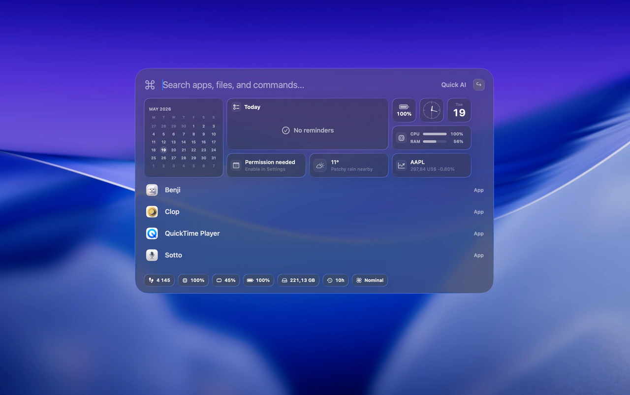 Supermac launcher showing widgets above app results and a bottom status bar.