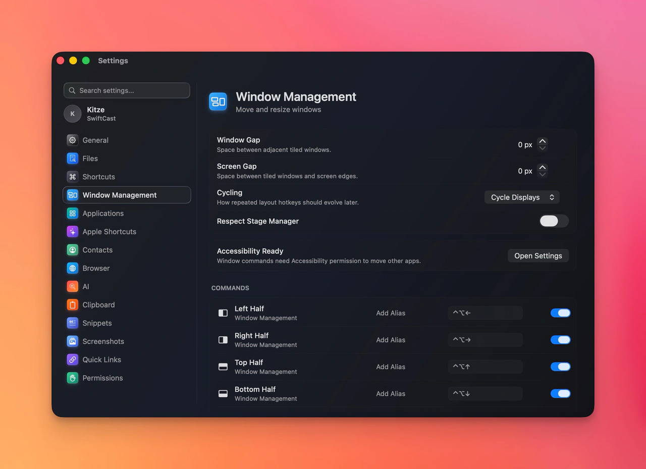 Supermac settings showing Window Management options and layout commands.